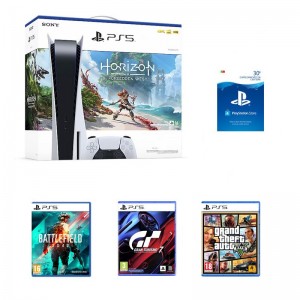 Consola Sony PlayStation 5 825GB Horizon Forbidden West (Digital Code) + Grand Theft Auto V + Gran Turismo 7 + Battlefield 2042 + PSN 30€